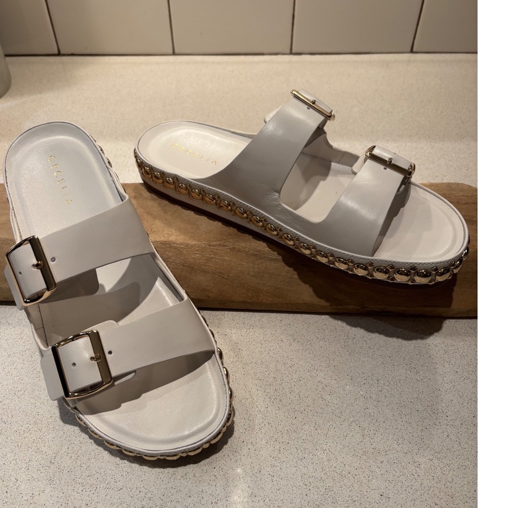 New Cecelia New York White Leather Double Buckle Gold Studded Sandals 8M